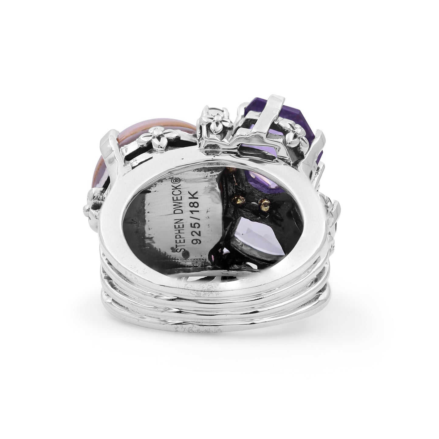Rockrageous Multi-Hued Citrine Rhodolite Garnet Tourmaline Amethyst Sapphire and Mabe Pearl Ring in Sterling Silver with 18K Gold and Diamond Flowers