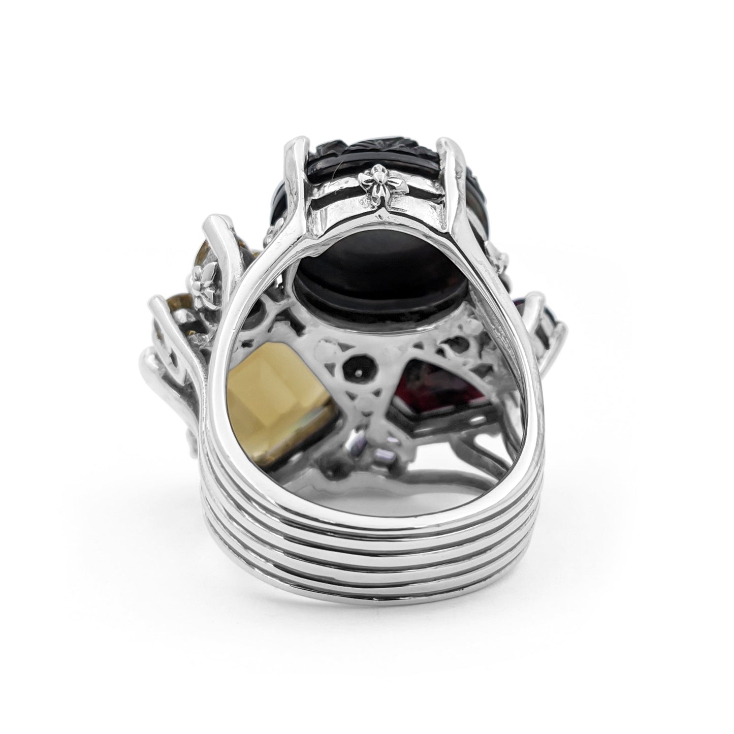 Rockrageous Hand Carved Tahitian Mother of Pearl Garnet Sapphire Amethyst Citrine and Cognac Quartz Ring in Sterling Silver