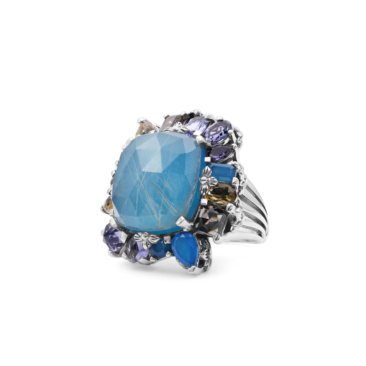 Rockrageous Gold Hair Rutilated Quartz Agate Chalcedony Iolite Citrine Smoky and Cognac Quartz Ring in Sterling Silver