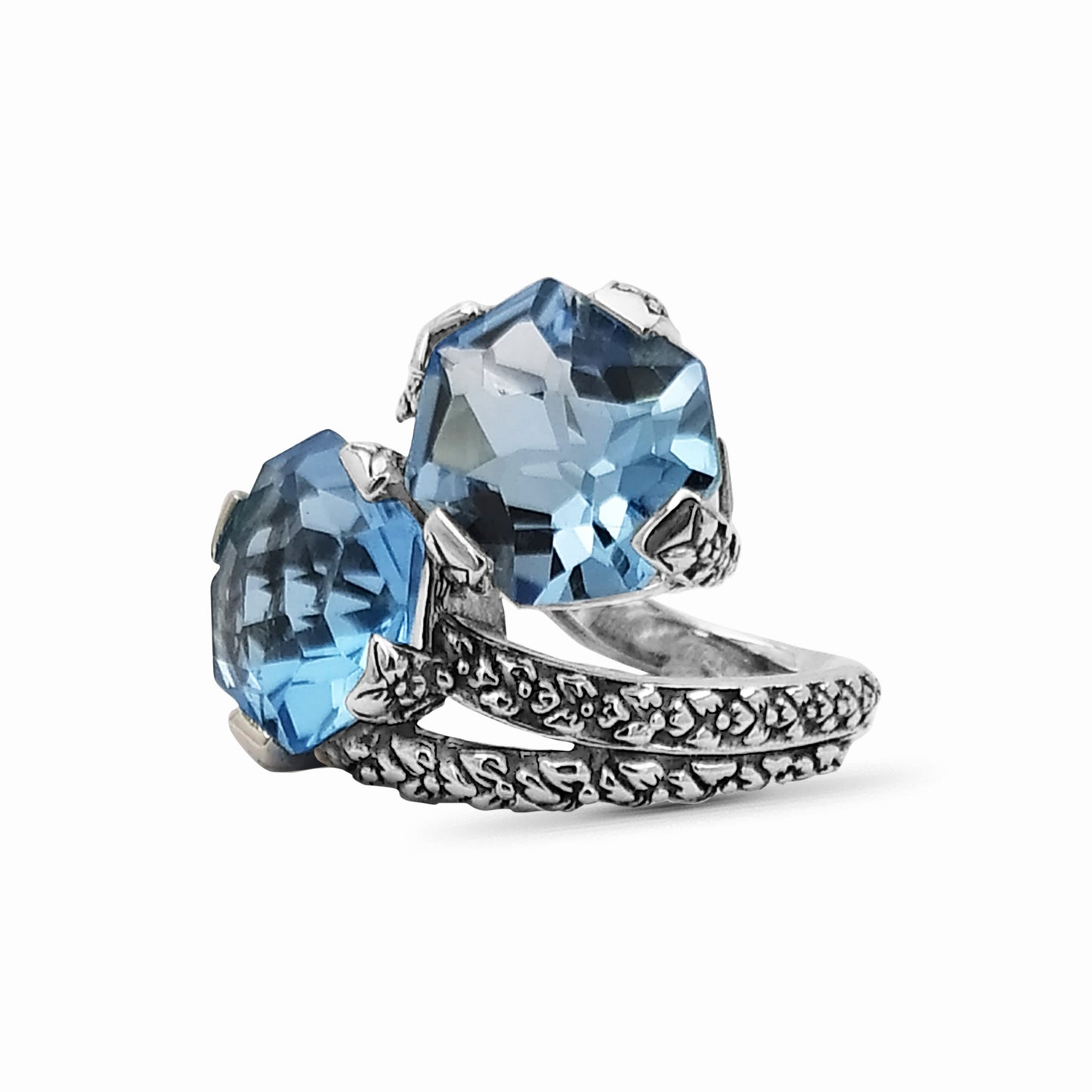 Galactical Blue Topaz Double Stone Ring with Engraved Sterling Silver