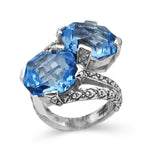 Galactical Blue Topaz Double Stone Ring with Engraved Sterling Silver