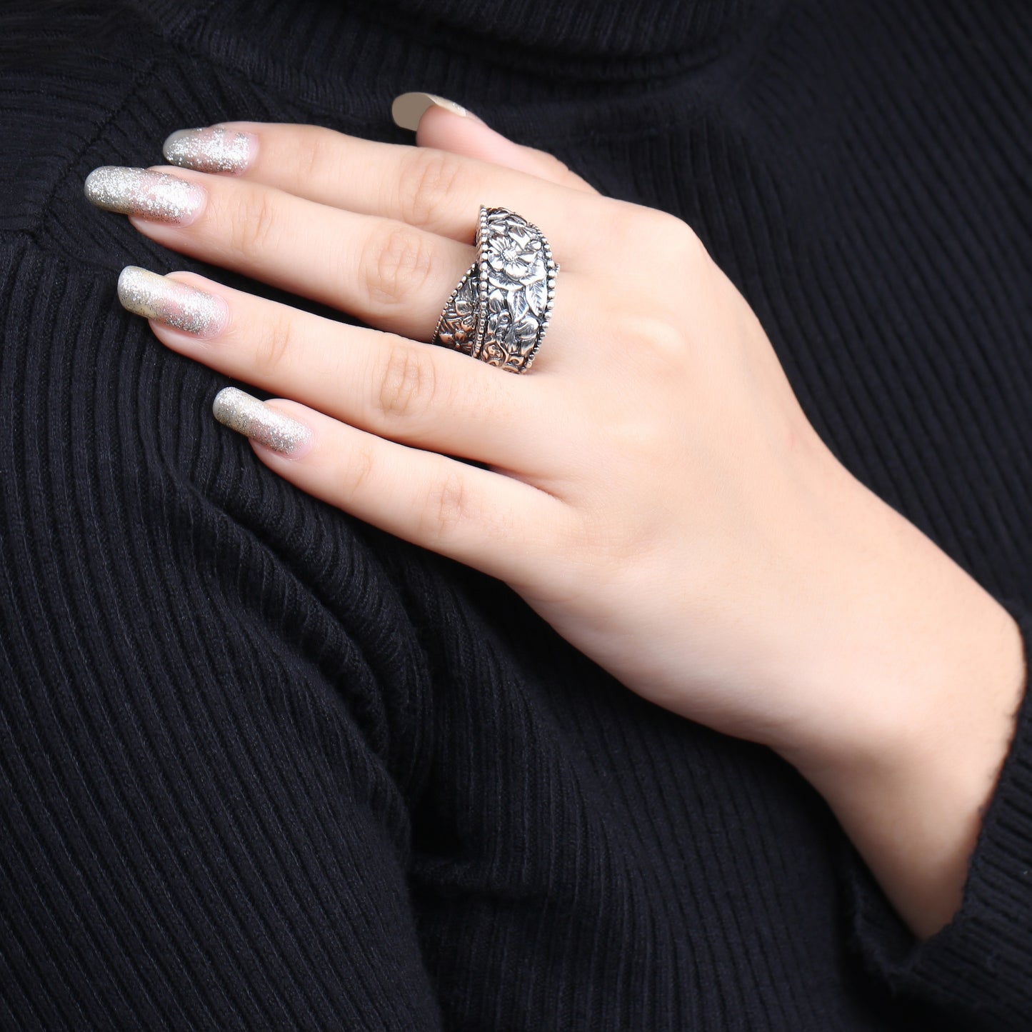 Kyoto Flower Engraved Sterling Silver Bypass Band