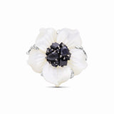 Colorbloom Hand Carved Large Mother of Pearl Carved Flower set with Black Spinel in Sculped Silver Ring