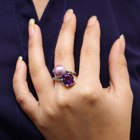 TerrAquatic Pearl and Faceted Amethyst Ring in Sterling Silver