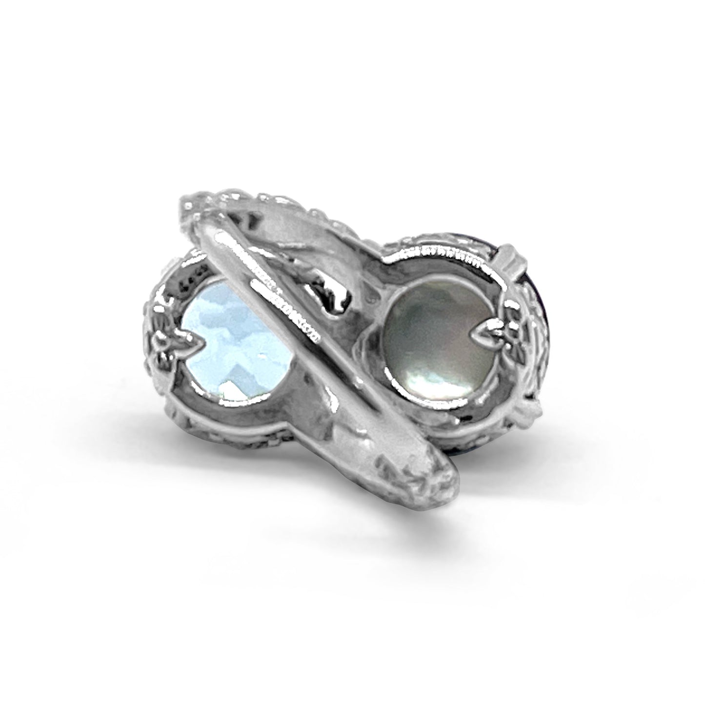 TerrAquatic Pearl And Faceted Sky Blue Topaz Ring in Sterling Silver