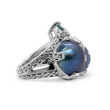 TerrAquatic Carved Blue Chalcedony Mabe Pearl and Sky Blue Topaz Ring in Sterling Silver
