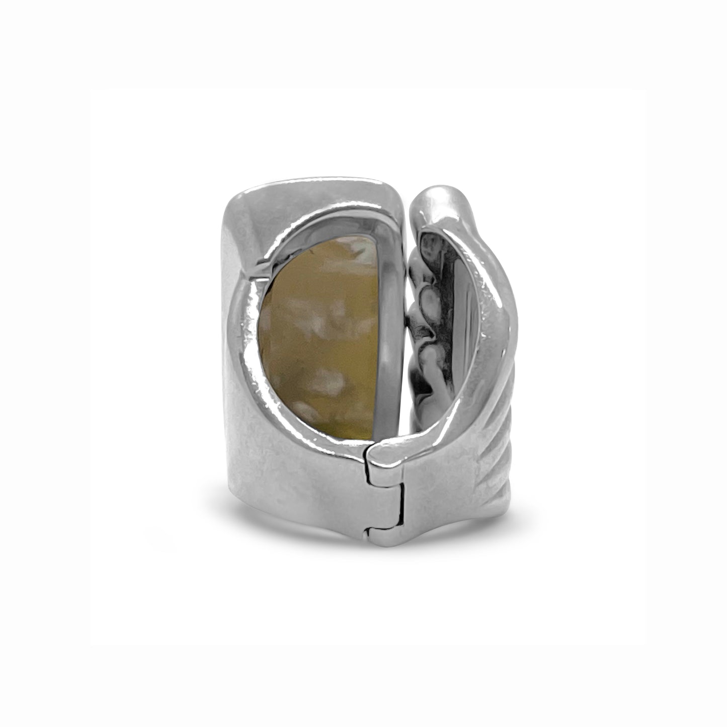 Carventurous Hand Carved Mother of Pearl and Faceted Moonstone Open and Close Ring in Sterling Silver