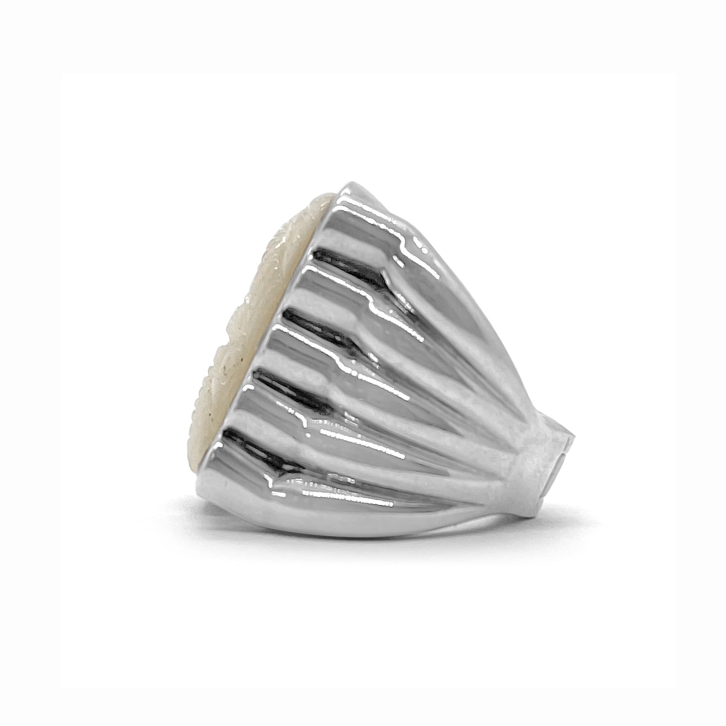 Carventurous Hand Carved Mother of Pearl and Faceted Moonstone Open and Close Ring in Sterling Silver