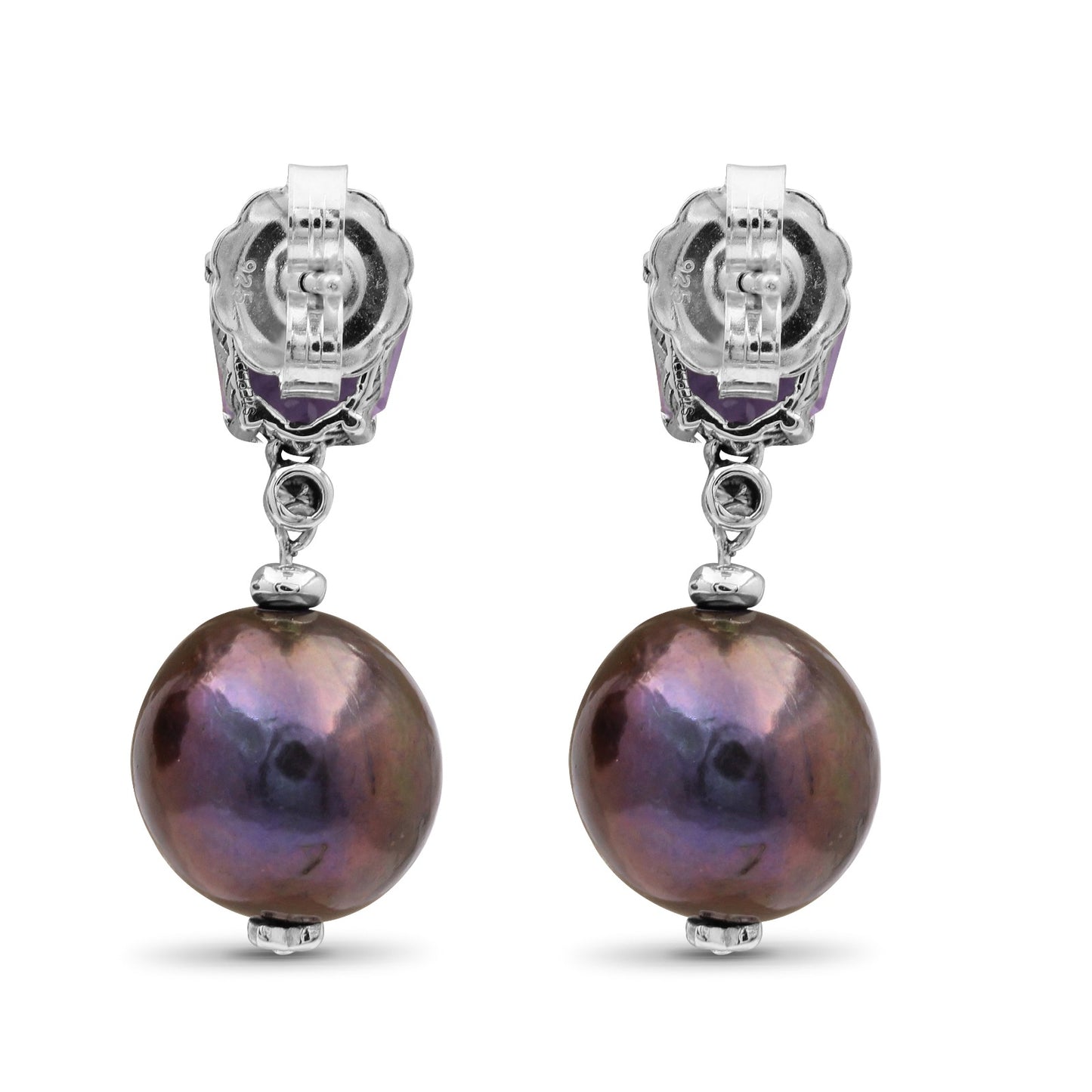 Galactical 43ct Amethyst,Peacock Pearl and 0.08ct White Diamond Earrings in Sterling Silver