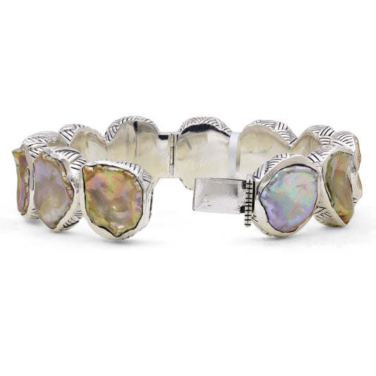 Pearlicious Large Natural Coin Pearl Open and Close Bangle in Sterling Silver