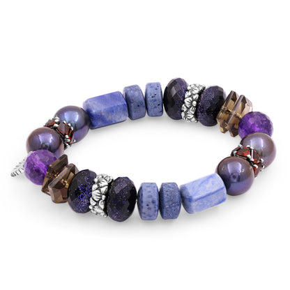 Terraquatic Amethyst, Peacock Pearl, Brown Topaz Shard, Smooth Blue Coral, Smooth Blue, Blue, Rhodolite Stretch Bracelet in Sterling Silver