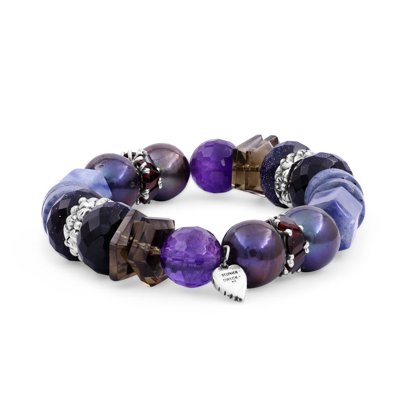 Terraquatic Amethyst, Peacock Pearl, Brown Topaz Shard, Smooth Blue Coral, Smooth Blue, Blue, Rhodolite Stretch Bracelet in Sterling Silver