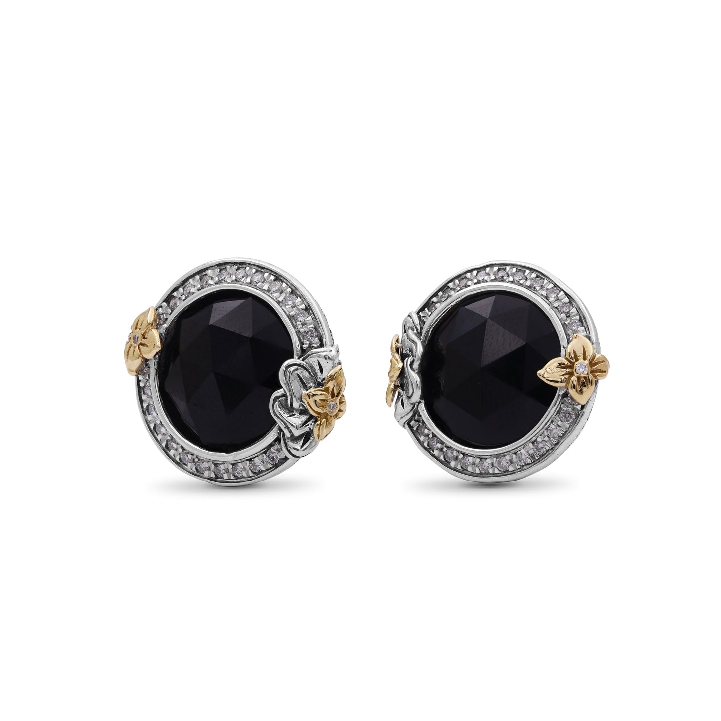 Garden of Stephen Faceted Black Onyx Earring in Sterling Silver with 18K Gold Flowers and Diamond