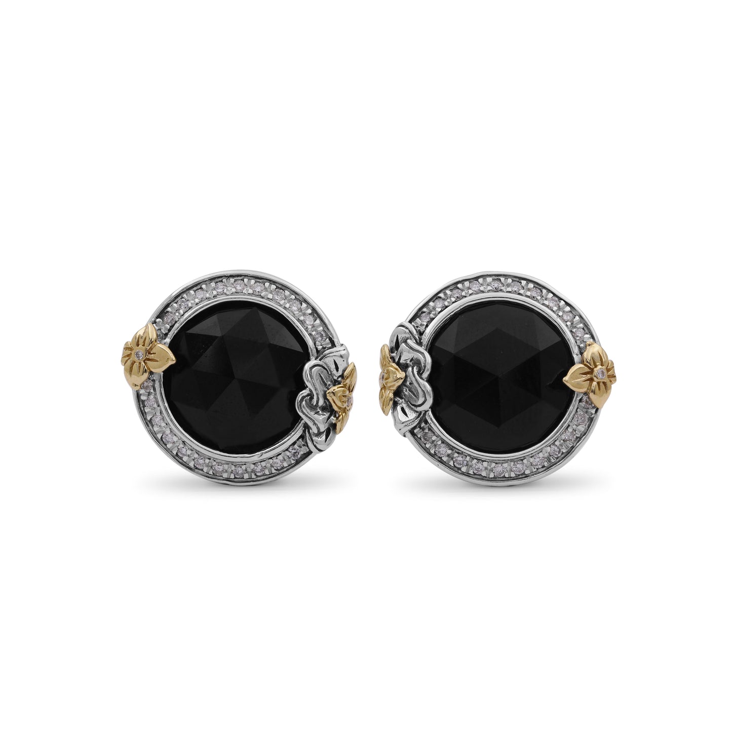 Garden of Stephen Faceted Black Onyx Earring in Sterling Silver with 18K Gold Flowers and Diamond