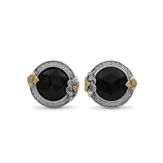 Garden of Stephen Faceted Black Onyx Earring in Sterling Silver with 18K Gold Flowers and Diamond