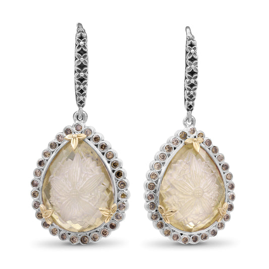 Carventurous Internally Carved Natural Quartz Gold Lining with Champagne Diamond Earring in Sterling Silver