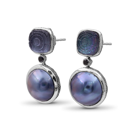 Carventurous Hand Carved Natural Quartz Mother of Pearl Hematite Mabe Pearl and Black Diamond Earring in Sterling Silver