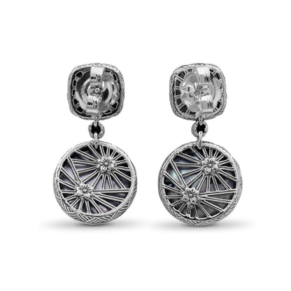 Carventurous Hand Carved Natural Quartz Mother of Pearl Hematite Mabe Pearl and Black Diamond Earring in Sterling Silver