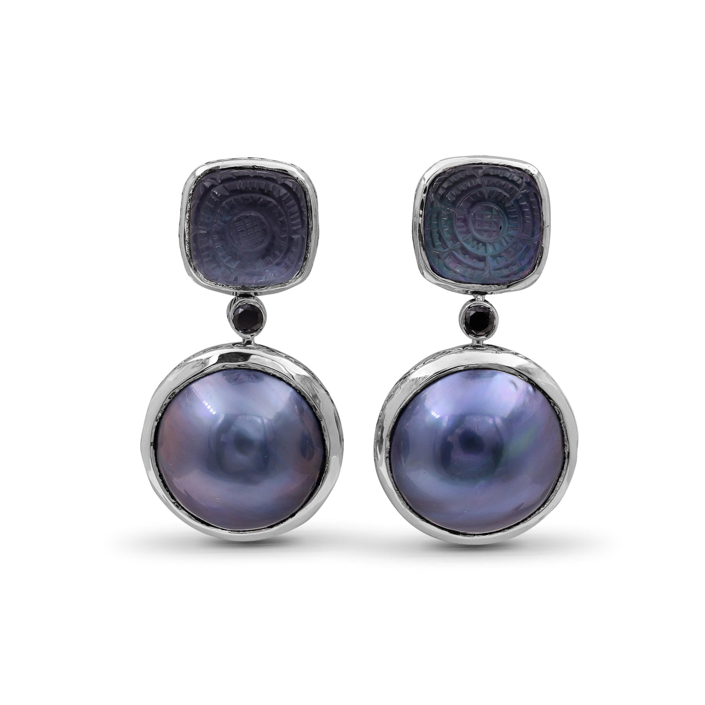 Carventurous Hand Carved Natural Quartz Mother of Pearl Hematite Mabe Pearl and Black Diamond Earring in Sterling Silver