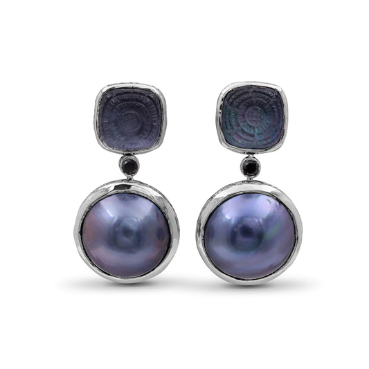 Carventurous Hand Carved Natural Quartz Mother of Pearl Hematite Mabe Pearl and Black Diamond Earring in Sterling Silver