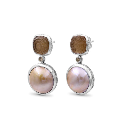 Carventurous Hand Carved Natural Quartz Mother of Pearl Sunstone Mabe Pearl and Champagne Diamond Earring in Sterling Silver