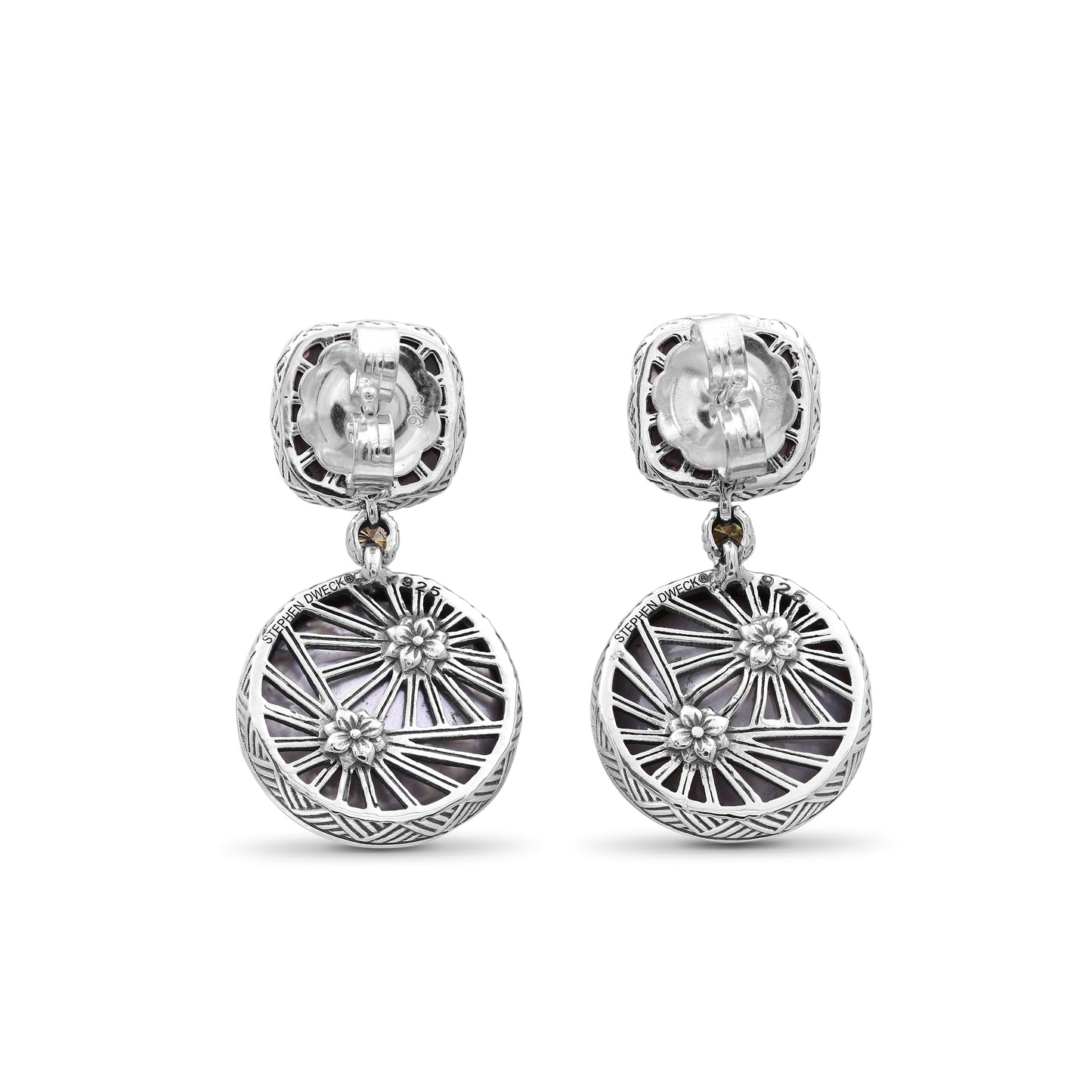 Carventurous Hand Carved Natural Quartz Mother of Pearl Sunstone Mabe Pearl and Champagne Diamond Earring in Sterling Silver