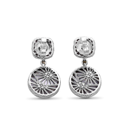 Carventurous Hand Carved Natural Quartz Mother of Pearl Sunstone Mabe Pearl and Champagne Diamond Earring in Sterling Silver