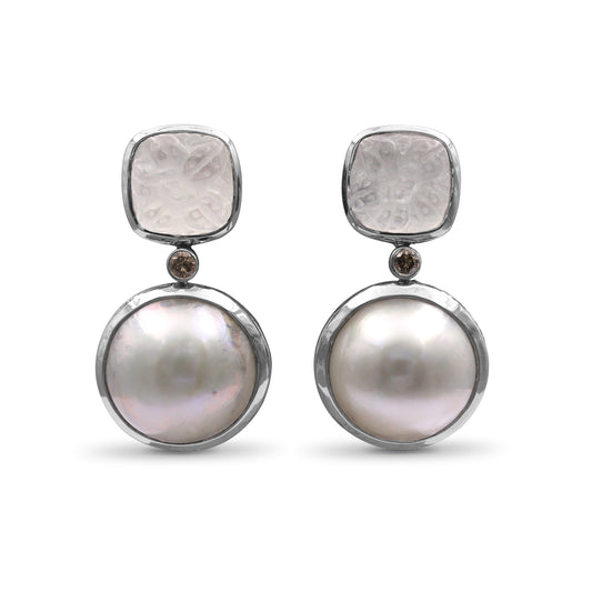 Carventurous Hand Carved Natural Quartz Mother of Pearl Agate Mabe Pearl and Champagne Diamond Earring in Sterling Silver