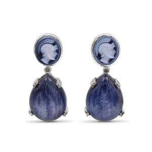 Carventurous Hand Carved Agate Cameo 7.5ct Kyanite 44ct and Champagne Diamond 0.20ct Earring in Sterling Silver