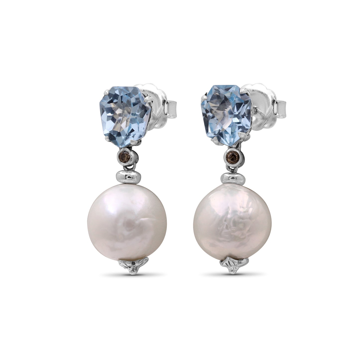 Galactical White Baroque Pearl, Blue Topaz andChampagne Diamond Earring in Sterling Silver
