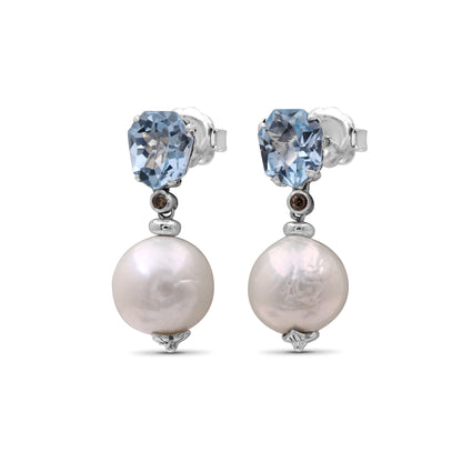 Galactical White Baroque Pearl, Blue Topaz andChampagne Diamond Earring in Sterling Silver