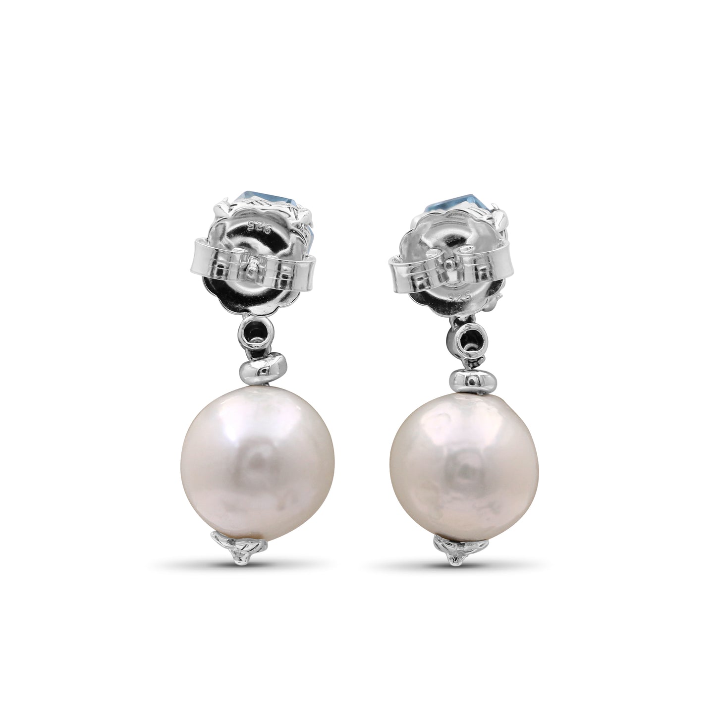 Galactical White Baroque Pearl, Blue Topaz andChampagne Diamond Earring in Sterling Silver