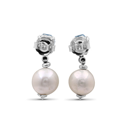 Galactical White Baroque Pearl, Blue Topaz andChampagne Diamond Earring in Sterling Silver