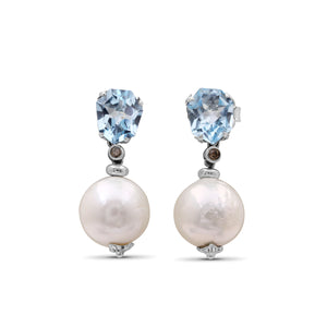 Galactical White Baroque Pearl, Blue Topaz andChampagne Diamond Earring in Sterling Silver