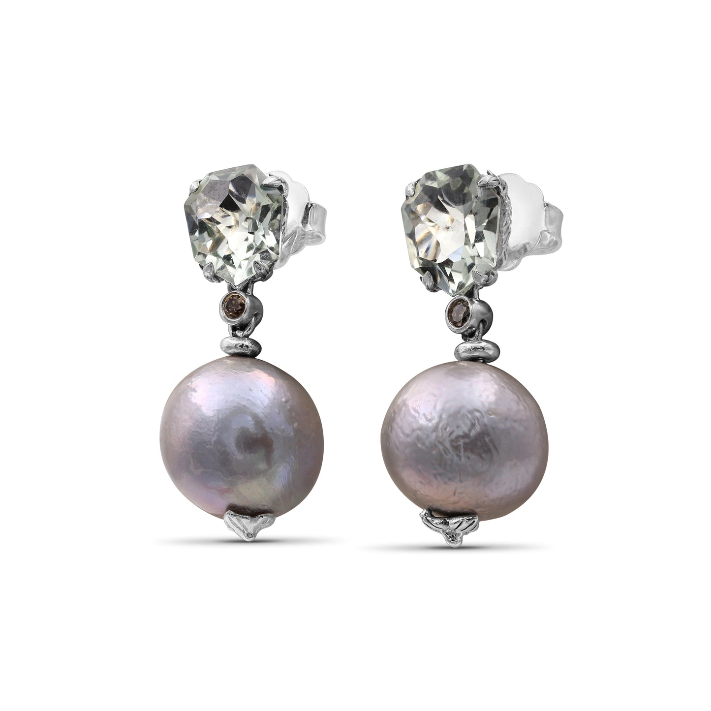 Galactical Silver Baroque Pearl Green Amethyst and Champagne Diamond Earring in Sterling Silver
