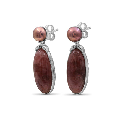 Terraquatic Pearl and Rhodochrosite Earring in Sterling Silver