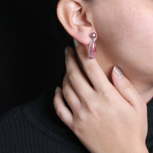 Terraquatic Pearl and Rhodochrosite Earring in Sterling Silver