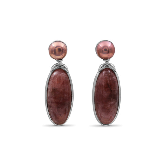 Terraquatic Pearl and Rhodochrosite Earring in Sterling Silver
