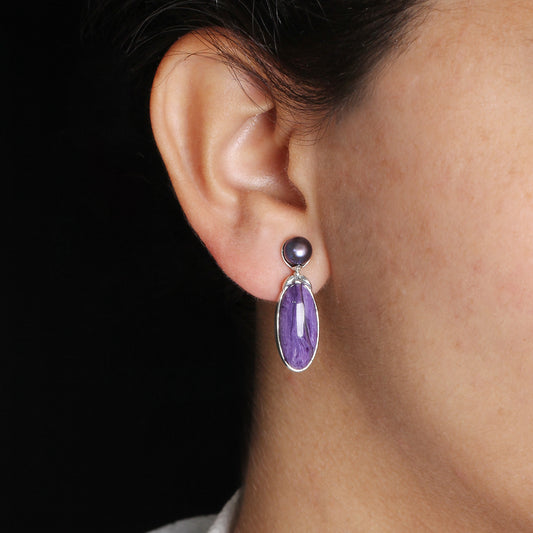 Terraquatic Pearl and Sugilite Earring in Sterling Silver