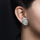 Luxury Hand Carved Tourmaline 18.3ct Aquamarine 4.9ct Green Tourmaline 2.2ct and Diamond 0.3ct Earring in 18K Gold