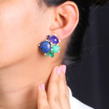 Luxury Azurite Malachite 16.25ct Tanzanite 16ct Emerald 2.3ct Chrysoprase 8.1ct Blue Sapphire 0.65ct and Diamond 0.30ct Earring in 18K Gold