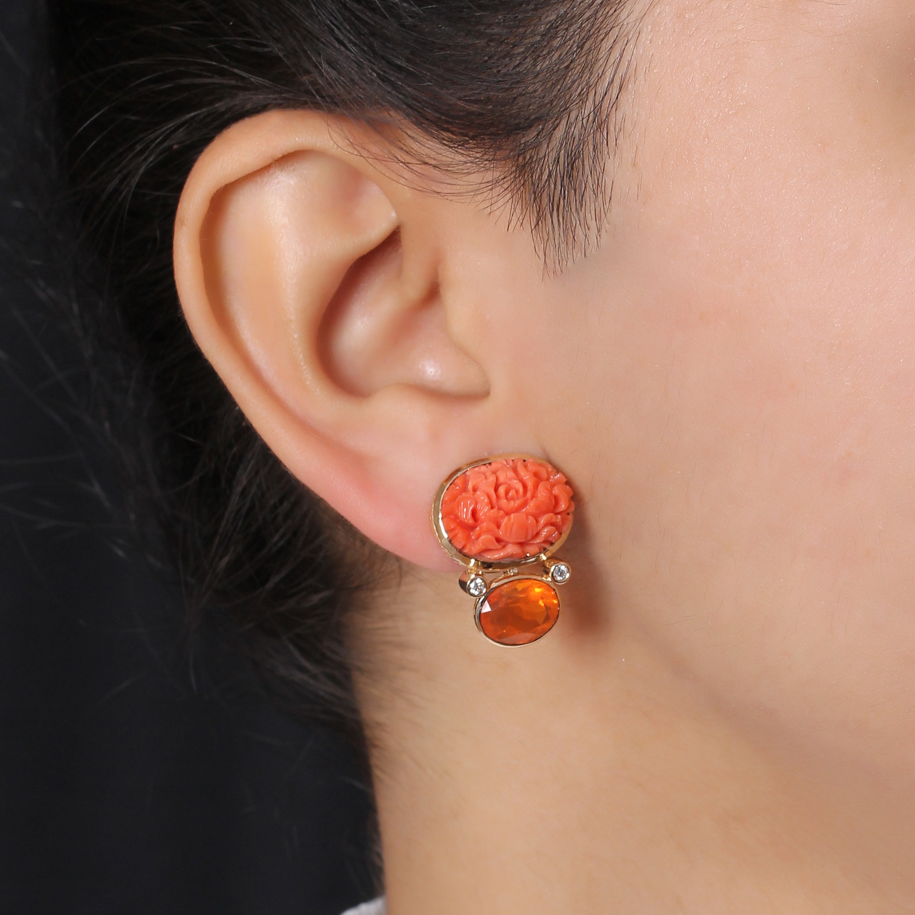 Luxury Hand Carved Coral 18ct Fire Opal 3.8ct and Diamond 0.15ct
