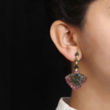 Luxury Hand Carved Watermelon Tourmaline 48ct Green Tourmaline 3.25ct and Diamond 0.25ct Earring in 18K Gold