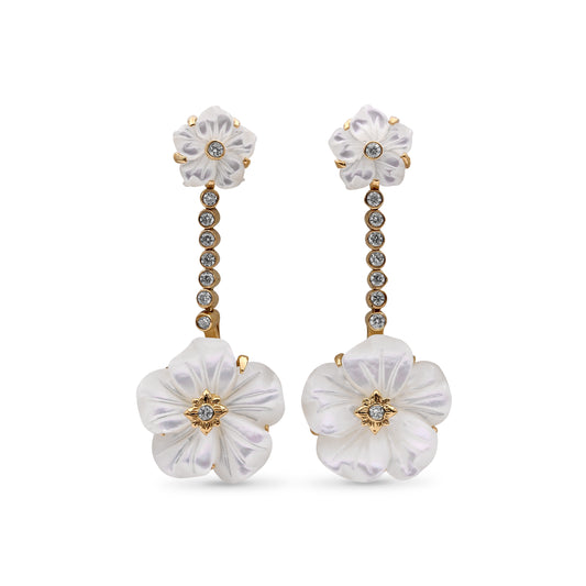 Colorbloom 8mm, 14mm White Mother of Pearl Flower and White Diamond 0.20ct Earring in 18K Gold
