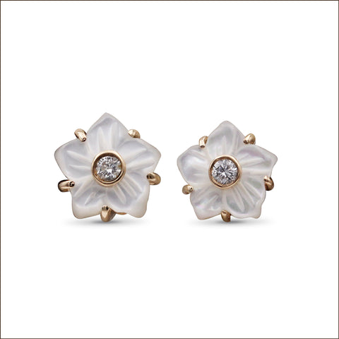 Luxury Colorbloom 8.00mm White Mother of Pearl Flower and White Diamond Earring in 18K Gold