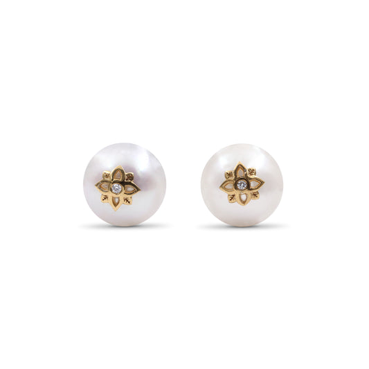 Pearlicious 10mm White Pearl and White Diamond Earring in 18K Gold