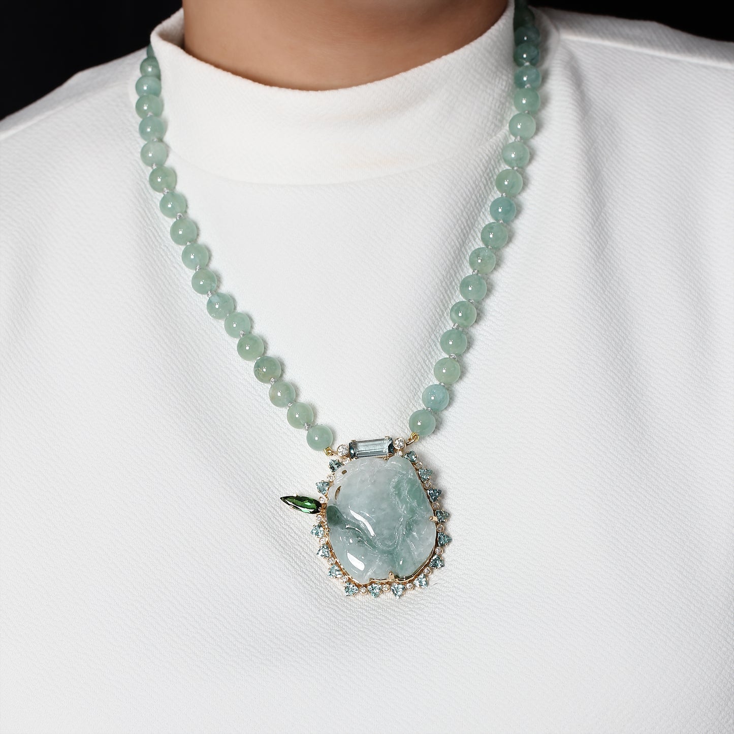 Luxury Vintage Hand Carved Jade 116ct Aquamarine 2.7ct Tourmaline 4.8ct Aquamarine Beads 170ct and Diamond 0.50ct Neckalce in 18K Gold