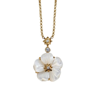 Colorbloom 14mm White Mother of Pearl Flower and White Diamond 0.10ct Pendant in 18K Gold