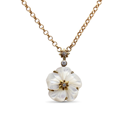 Colorbloom 14mm White Mother of Pearl Flower and White Diamond 0.10ct Pendant in 18K Gold
