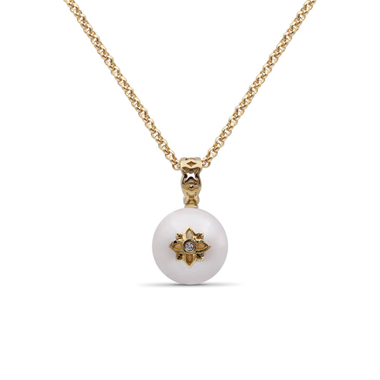 Pearlicious 10mm White Pearl and White Diamond Pendant in 18K Gold